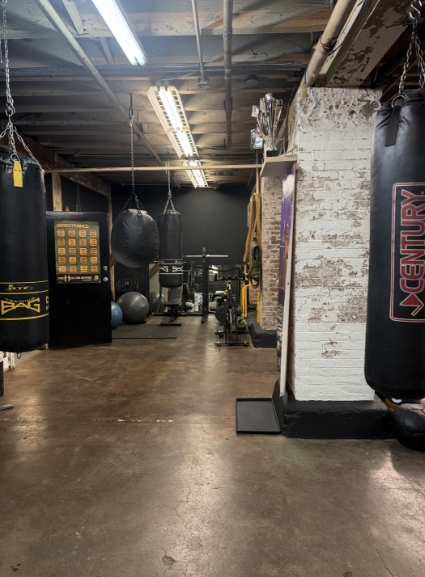 Private studio training wall with mats and equipment.